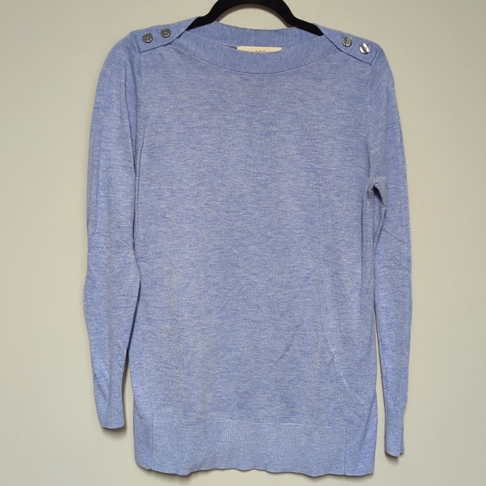 LOFT Light Blue Button-Shoulder Crewneck Sweater
